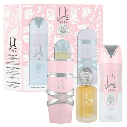 Lattafa Yara For Women 3Piece Set 3.4 Oz Eau de Parfum Spray + 1.7 Oz Hair Mist + 6.7 Oz Deodorant Spray Sweet Pheromone Perfume