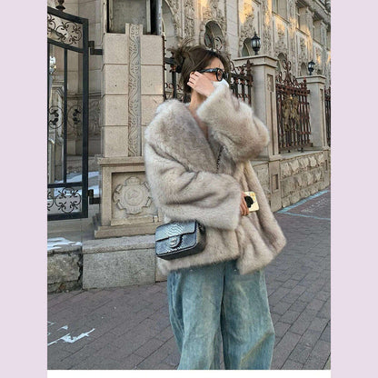 Lautaro Autumn Winter Oversized Loose Casual Luxury Soft Thick Warm Hairy Faux Fox Fur Coat Women Long Sleeve Fluffy Jacket 2024