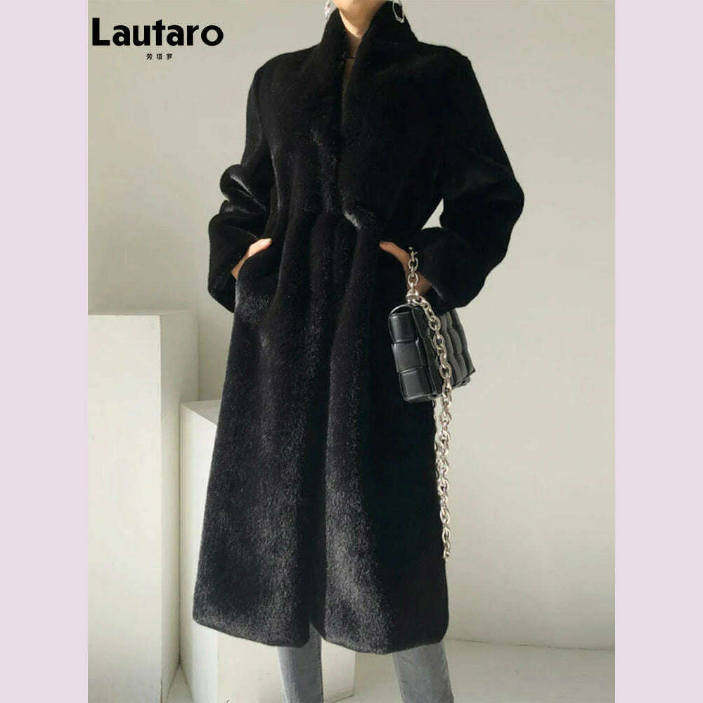 Lautaro Winter Long Black Luxury Elegant Stylish Thick Warm Fluffy Hairy Soft Faux Mink Fur Coat Women Stand Collar Sashes 2023