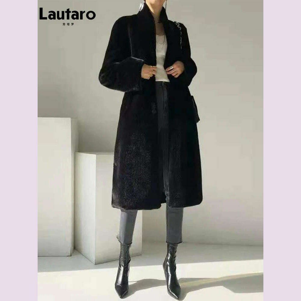 Lautaro Winter Long Black Luxury Elegant Stylish Thick Warm Fluffy Hairy Soft Faux Mink Fur Coat Women Stand Collar Sashes 2023
