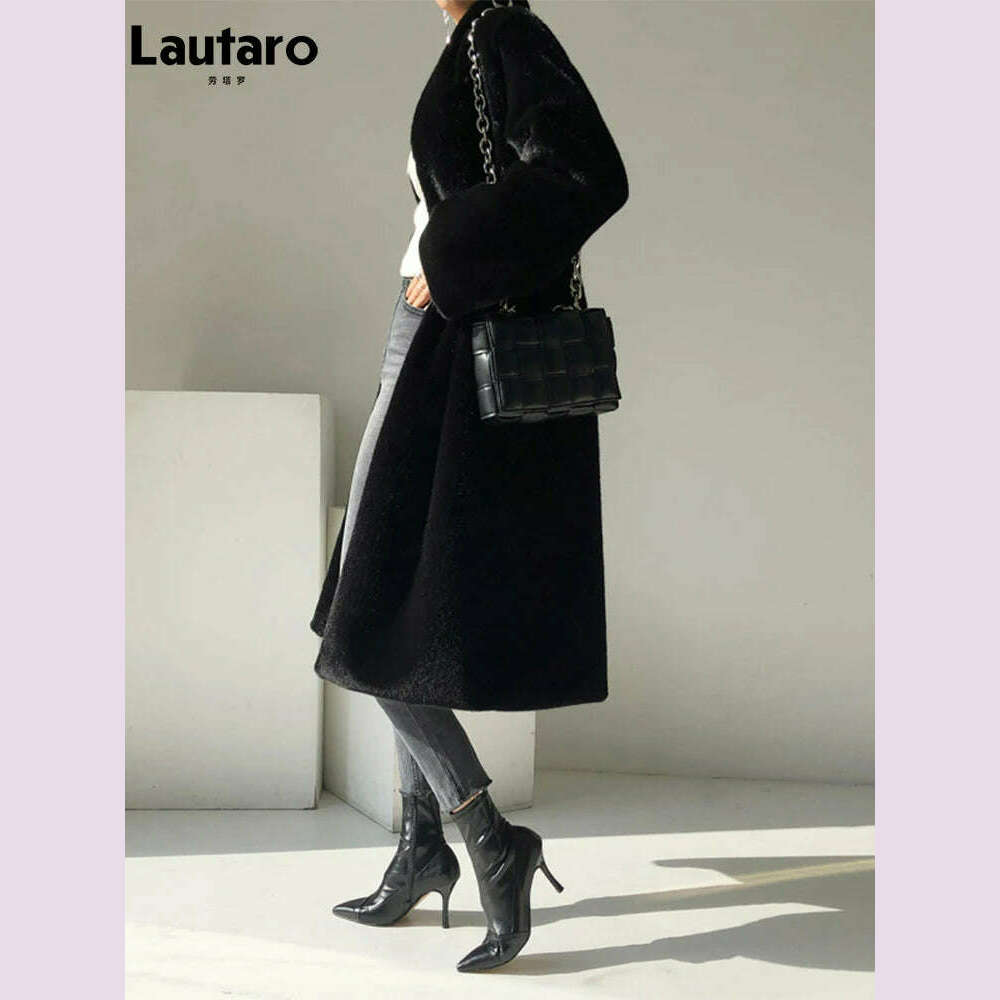 Lautaro Winter Long Black Luxury Elegant Stylish Thick Warm Fluffy Hairy Soft Faux Mink Fur Coat Women Stand Collar Sashes 2023