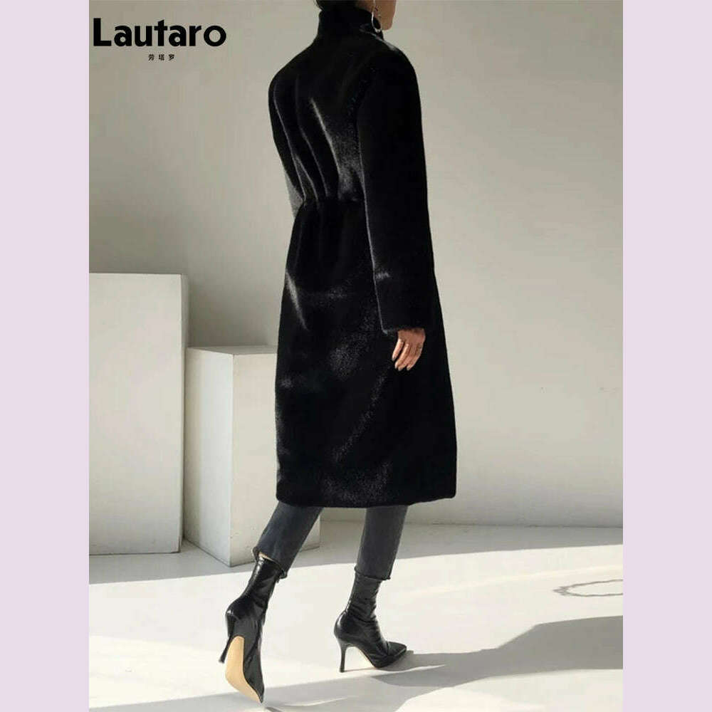Lautaro Winter Long Black Luxury Elegant Stylish Thick Warm Fluffy Hairy Soft Faux Mink Fur Coat Women Stand Collar Sashes 2023