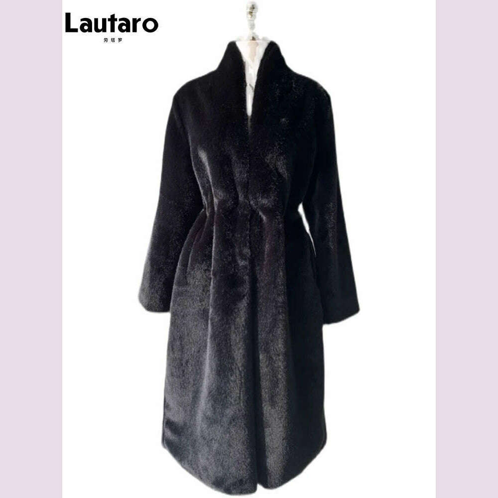 Lautaro Winter Long Black Luxury Elegant Stylish Thick Warm Fluffy Hairy Soft Faux Mink Fur Coat Women Stand Collar Sashes 2023