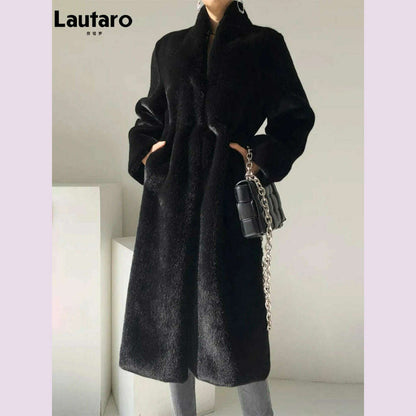 Lautaro Winter Long Black Luxury Elegant Stylish Thick Warm Fluffy Hairy Soft Faux Mink Fur Coat Women Stand Collar Sashes 2023