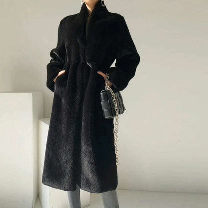 Lautaro Winter Long Black Luxury Elegant Stylish Thick Warm Fluffy Hairy Soft Faux Mink Fur Coat Women Stand Collar Sashes 2023