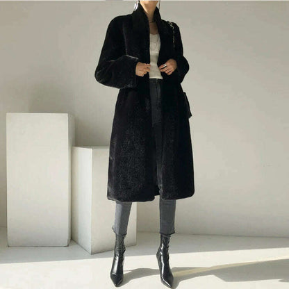 Lautaro Winter Long Black Luxury Elegant Stylish Thick Warm Fluffy Hairy Soft Faux Mink Fur Coat Women Stand Collar Sashes 2023