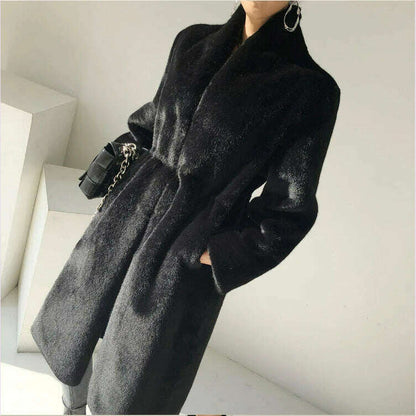 Lautaro Winter Long Black Luxury Elegant Stylish Thick Warm Fluffy Hairy Soft Faux Mink Fur Coat Women Stand Collar Sashes 2023