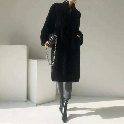 Lautaro Winter Long Black Luxury Elegant Stylish Thick Warm Fluffy Hairy Soft Faux Mink Fur Coat Women Stand Collar Sashes 2023