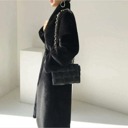 Lautaro Winter Long Black Luxury Elegant Stylish Thick Warm Fluffy Hairy Soft Faux Mink Fur Coat Women Stand Collar Sashes 2023