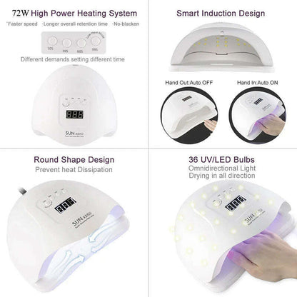 LED Nail Lamp For Manicure 72W Nail Dryer Machine UV Drying Lamp For Curing UV Gel Nail Polish With Motion Sensing LCD Display