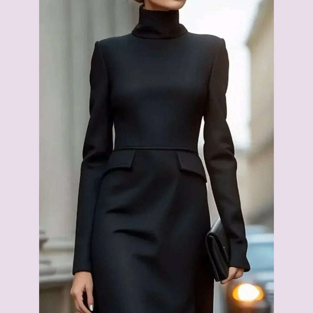 Lemongor Black Color Asymmetrical High Neck Commute Dress For Women 2025 New Spring Long Sleeves A-line Party Evening Dresses
