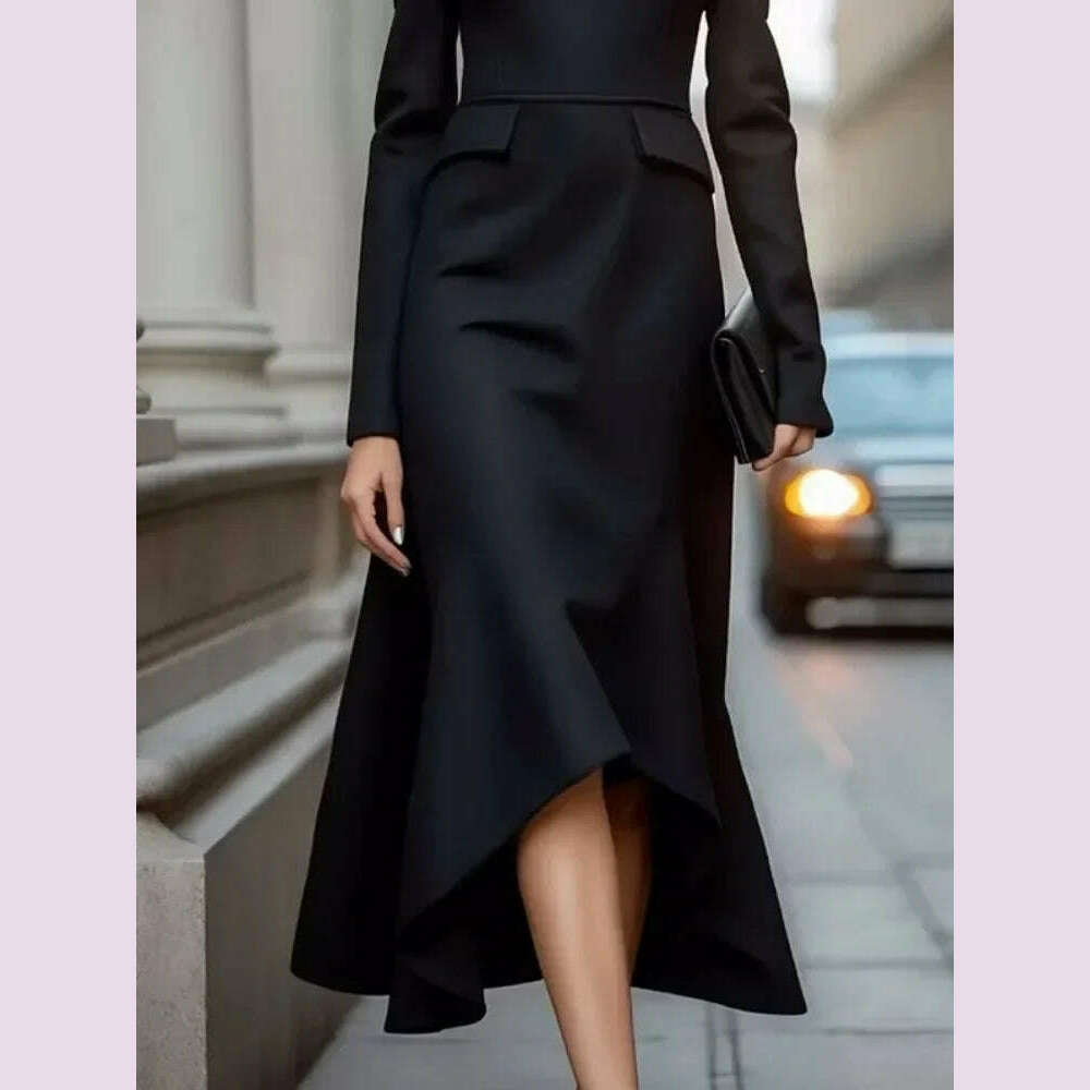 Lemongor Black Color Asymmetrical High Neck Commute Dress For Women 2025 New Spring Long Sleeves A-line Party Evening Dresses