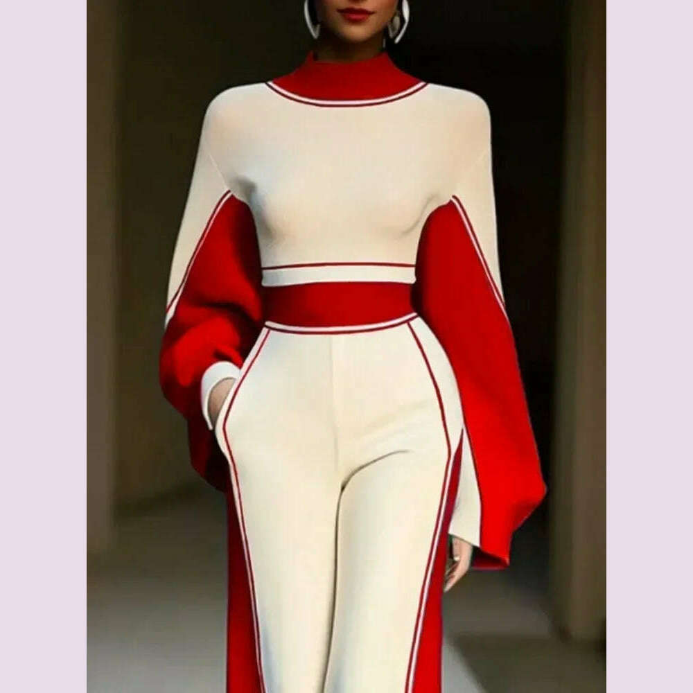 Lemongor Urban Female Stylish Striped High Neck Long Sleeve Zipper Tops & Elastic High Waist Wide Leg Pants Suits Two Piece Sets