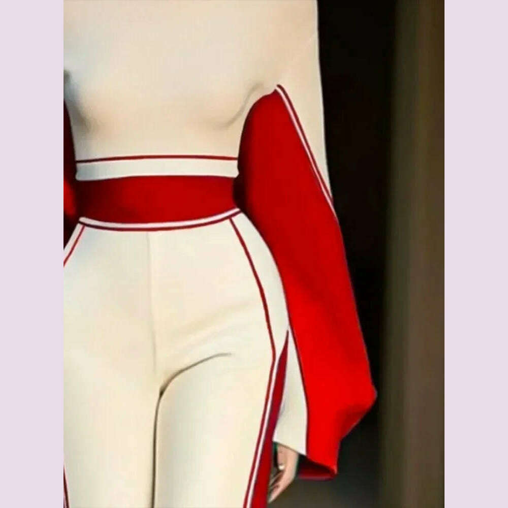 Lemongor Urban Female Stylish Striped High Neck Long Sleeve Zipper Tops & Elastic High Waist Wide Leg Pants Suits Two Piece Sets