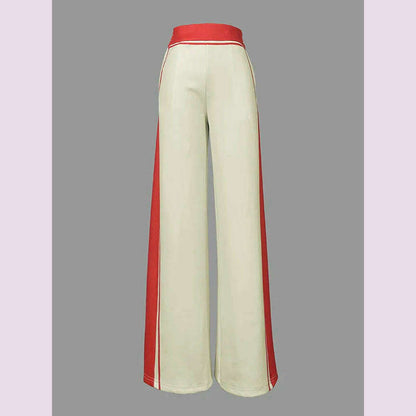 Lemongor Urban Female Stylish Striped High Neck Long Sleeve Zipper Tops & Elastic High Waist Wide Leg Pants Suits Two Piece Sets