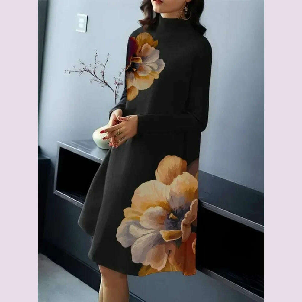 Lemongor Vintage Elegant Flower Printed Party Evening Midi Dresses Women Spring Autumn Long Sleeves High-neck Black Church Dress