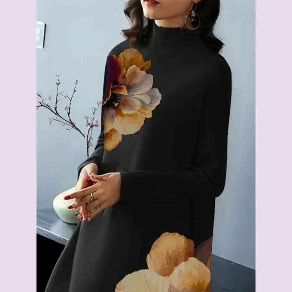 Lemongor Vintage Elegant Flower Printed Party Evening Midi Dresses Women Spring Autumn Long Sleeves High-neck Black Church Dress