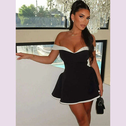 Leosoxs Black White Patchwork Dress Women 2025 Y2K Trend Slash Neck Backless Sweet Girl Chic Ruched Mini Bodycon Streetwear