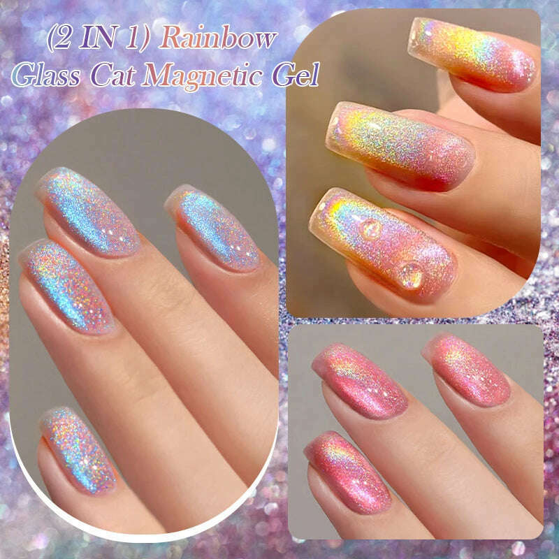 LILYCUTE 7ML Rainbow Glass Cat Magnetic Gel Nail Polish Super-Bright Colorful Glitter Sparkling Manicure Semi Permanent Nail Gel