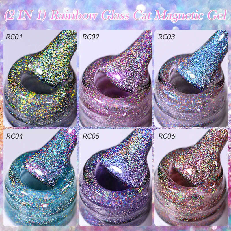 LILYCUTE 7ML Rainbow Glass Cat Magnetic Gel Nail Polish Super-Bright Colorful Glitter Sparkling Manicure Semi Permanent Nail Gel