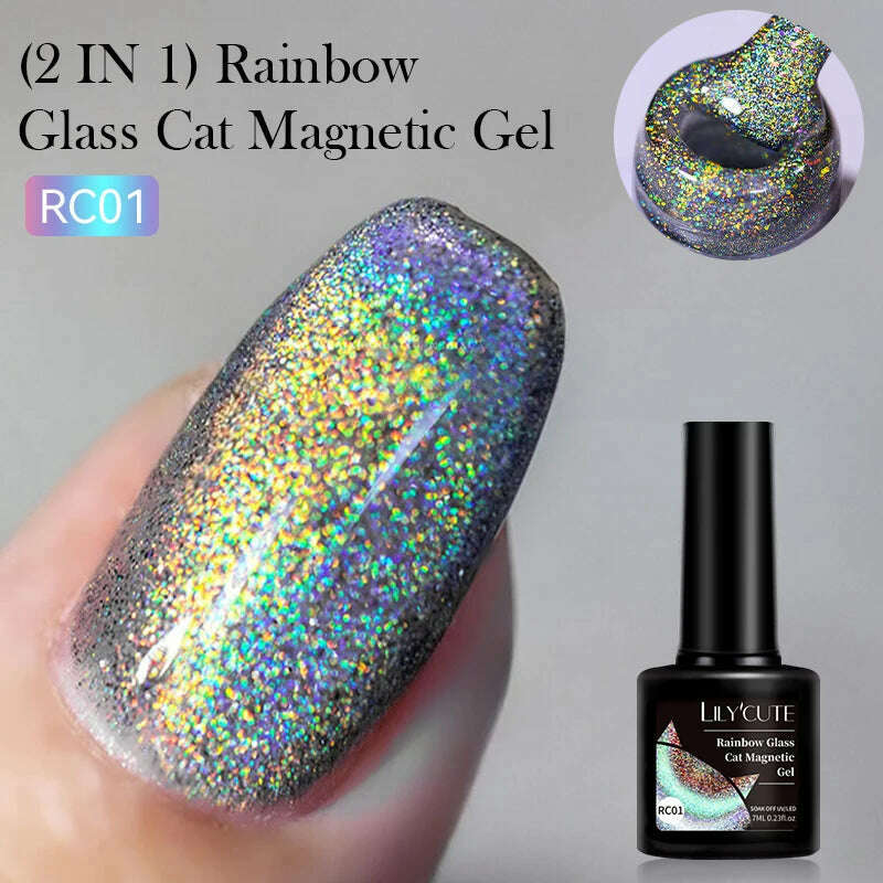 LILYCUTE 7ML Rainbow Glass Cat Magnetic Gel Nail Polish Super-Bright Colorful Glitter Sparkling Manicure Semi Permanent Nail Gel