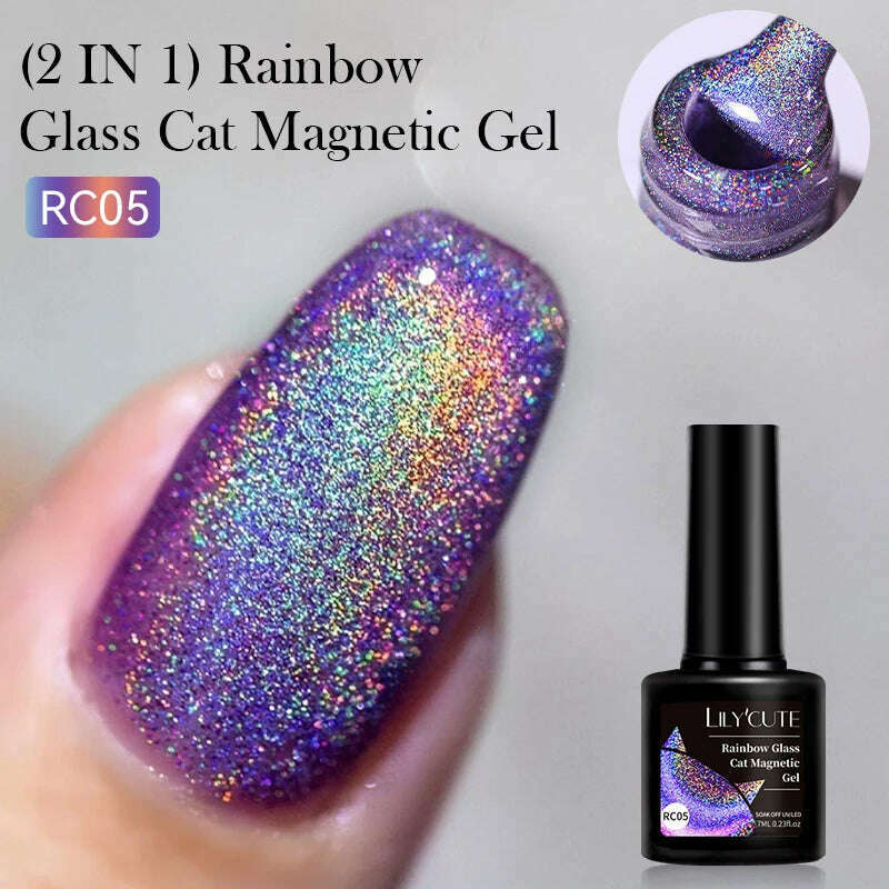 LILYCUTE 7ML Rainbow Glass Cat Magnetic Gel Nail Polish Super-Bright Colorful Glitter Sparkling Manicure Semi Permanent Nail Gel