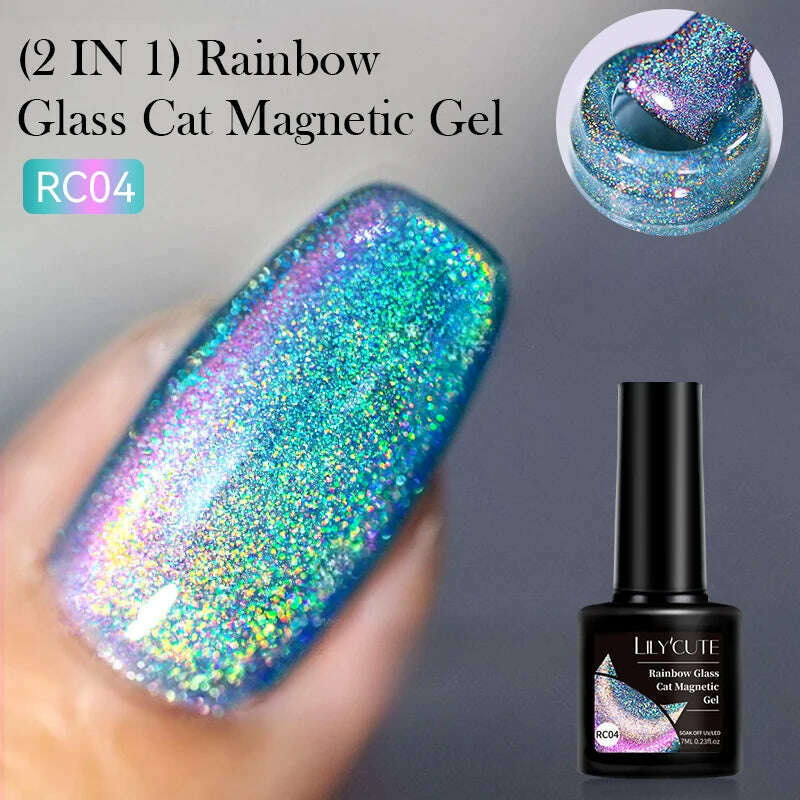 LILYCUTE 7ML Rainbow Glass Cat Magnetic Gel Nail Polish Super-Bright Colorful Glitter Sparkling Manicure Semi Permanent Nail Gel