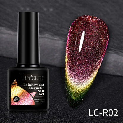 LILYCUTE 7ML Rainbow Glass Cat Magnetic Gel Nail Polish Super-Bright Colorful Glitter Sparkling Manicure Semi Permanent Nail Gel
