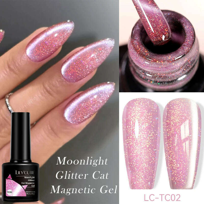LILYCUTE 7ML Rainbow Glass Cat Magnetic Gel Nail Polish Super-Bright Colorful Glitter Sparkling Manicure Semi Permanent Nail Gel