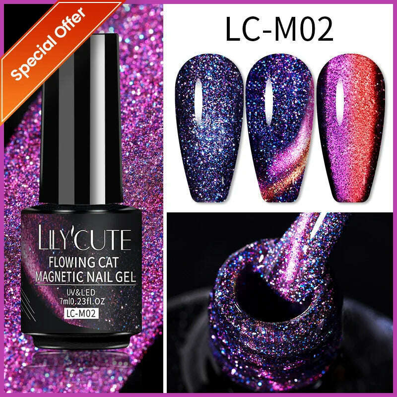 LILYCUTE 7ML Rainbow Glass Cat Magnetic Gel Nail Polish Super-Bright Colorful Glitter Sparkling Manicure Semi Permanent Nail Gel