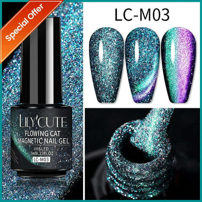 LILYCUTE 7ML Rainbow Glass Cat Magnetic Gel Nail Polish Super-Bright Colorful Glitter Sparkling Manicure Semi Permanent Nail Gel