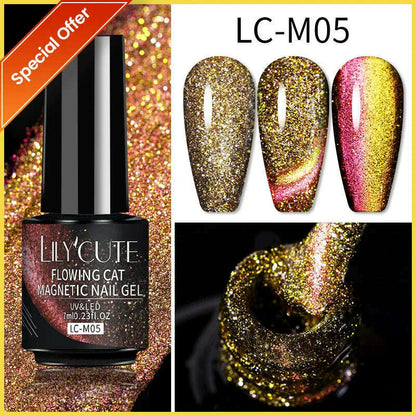 LILYCUTE 7ML Rainbow Glass Cat Magnetic Gel Nail Polish Super-Bright Colorful Glitter Sparkling Manicure Semi Permanent Nail Gel