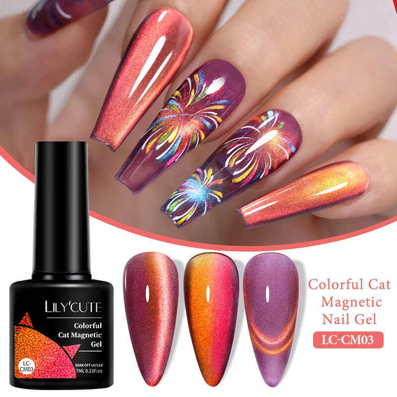 LILYCUTE 7ML Sparkling Glitter Rainbow Cat Magnetic Gel Nail Polish 9D Colorful  Semi Permanent Soak Off Nail Art UV Gel Varnish