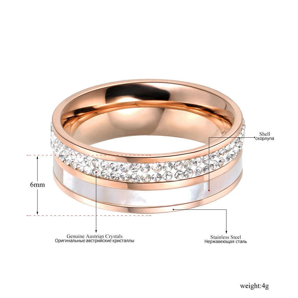 Lokaer Rose Gold Color White Rhinestone Shell Wedding Rings Jewelry 316L Stainless Steel Engagement Ring For Women Кольцо R18050