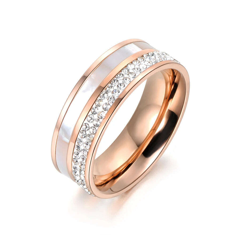 Lokaer Rose Gold Color White Rhinestone Shell Wedding Rings Jewelry 316L Stainless Steel Engagement Ring For Women Кольцо R18050