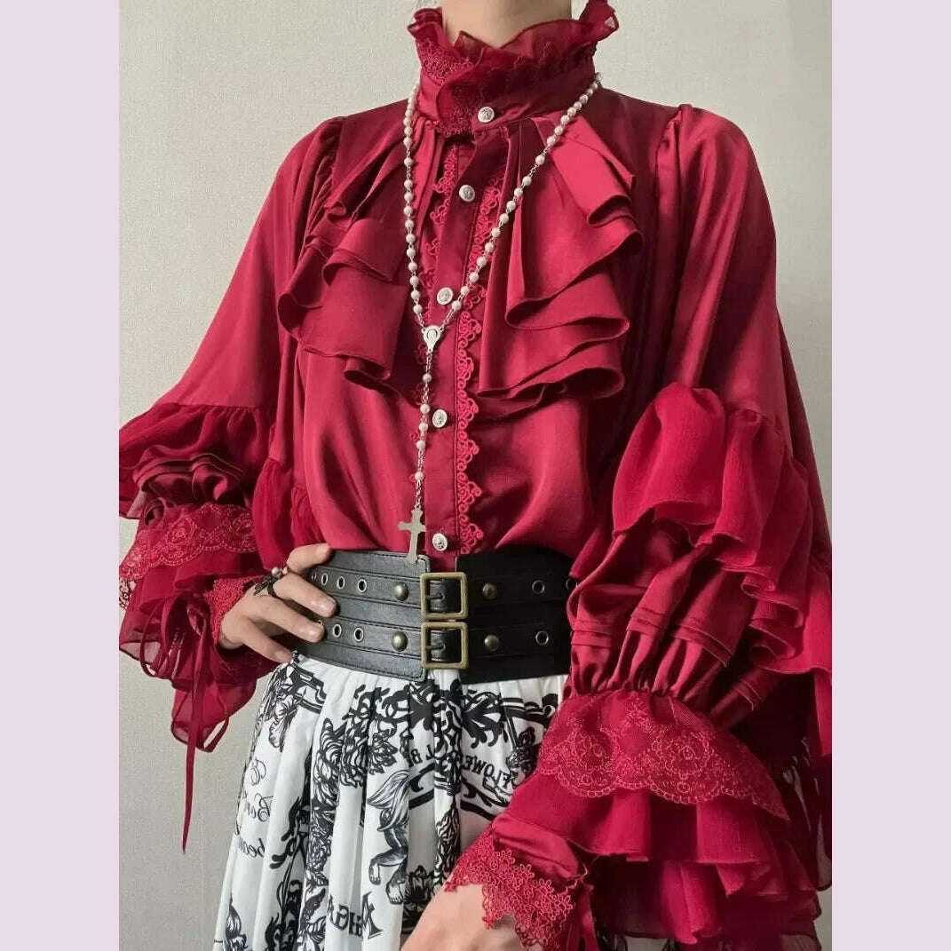 Lolita Gothic Style Batwing Sleeve Shirt Loose Spring and Autumn Ladies Elegant Red and Black Shirt Solid 2025 New Color Blouses
