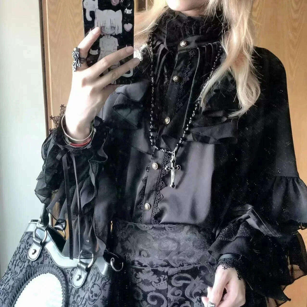 Lolita Gothic Style Batwing Sleeve Shirt Loose Spring and Autumn Ladies Elegant Red and Black Shirt Solid 2025 New Color Blouses