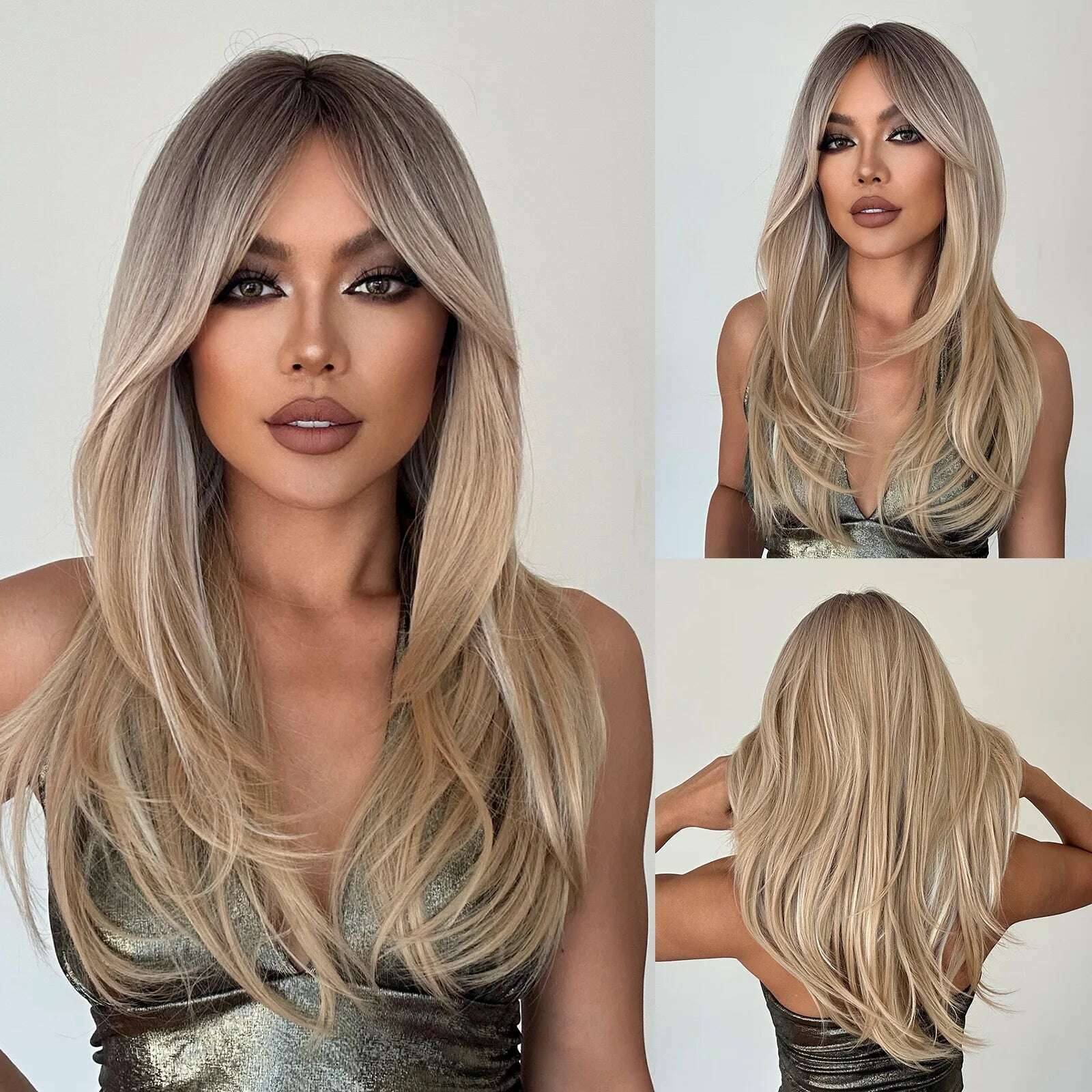 Long Straight Layered Wigs Blonde Platinum Highlight Wig with Bangs Cosplay Daily Use Natural Hair Heat Resistant Wig for Women