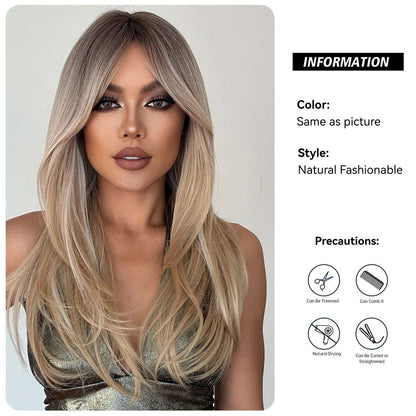 Long Straight Layered Wigs Blonde Platinum Highlight Wig with Bangs Cosplay Daily Use Natural Hair Heat Resistant Wig for Women
