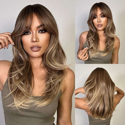 Long Straight Layered Wigs Blonde Platinum Highlight Wig with Bangs Cosplay Daily Use Natural Hair Heat Resistant Wig for Women