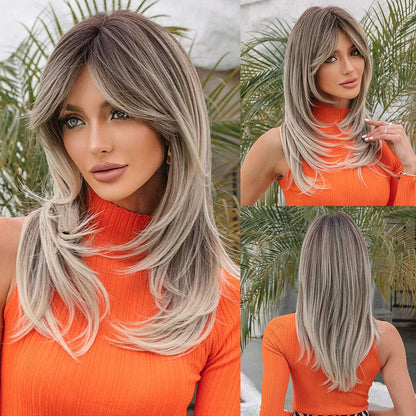 Long Straight Layered Wigs Blonde Platinum Highlight Wig with Bangs Cosplay Daily Use Natural Hair Heat Resistant Wig for Women