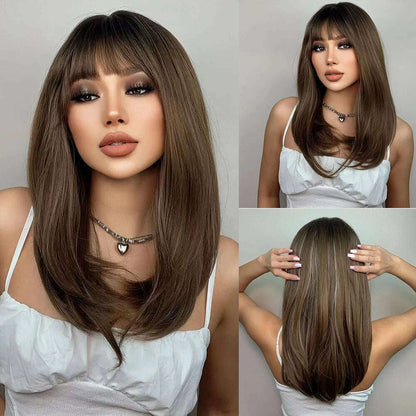 Long Straight Layered Wigs Blonde Platinum Highlight Wig with Bangs Cosplay Daily Use Natural Hair Heat Resistant Wig for Women