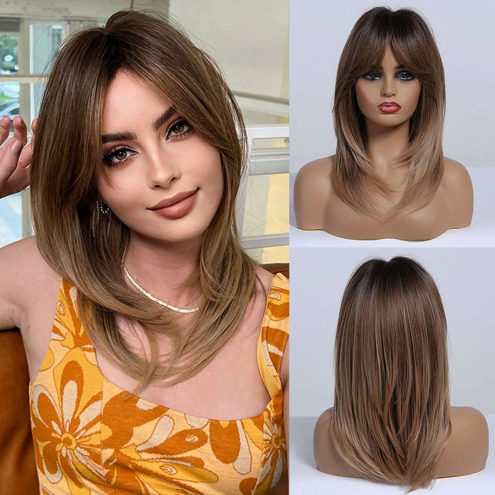 Long Straight Layered Wigs Blonde Platinum Highlight Wig with Bangs Cosplay Daily Use Natural Hair Heat Resistant Wig for Women