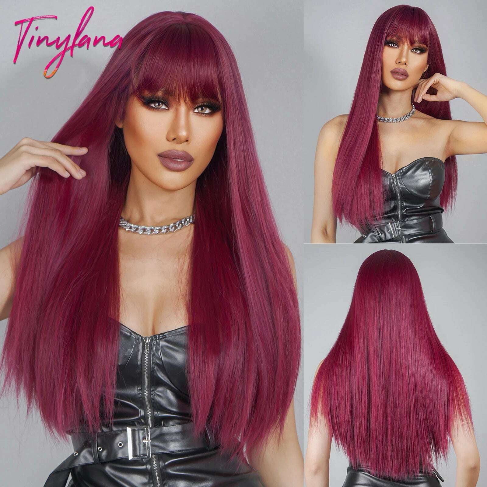 Long Straight Pink Mixed White Synthetic Wigs with Bangs Halloween Cosplay Colorful Wigs for Women Natural Hair Heat Resistant