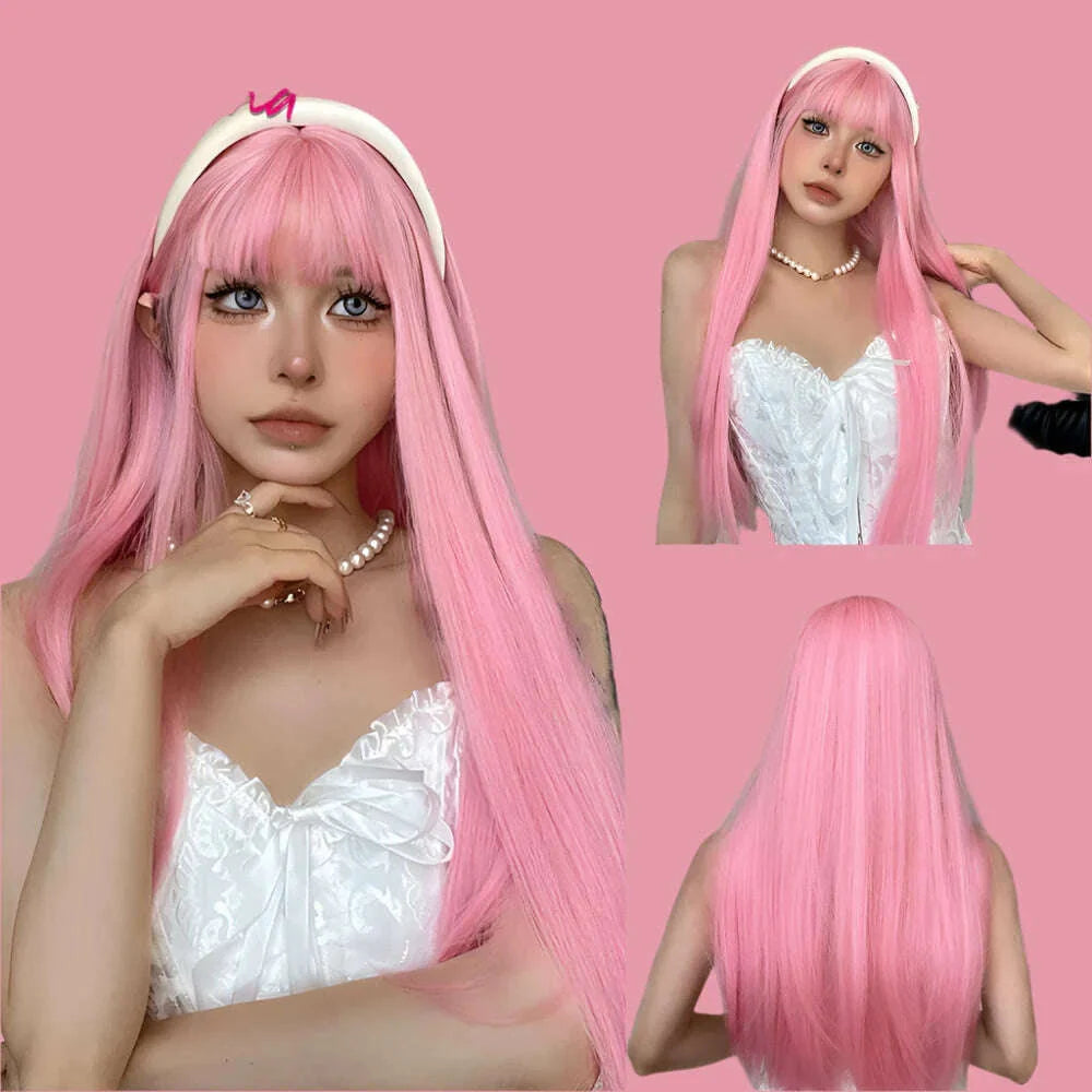 Long Straight Pink Mixed White Synthetic Wigs with Bangs Halloween Cosplay Colorful Wigs for Women Natural Hair Heat Resistant