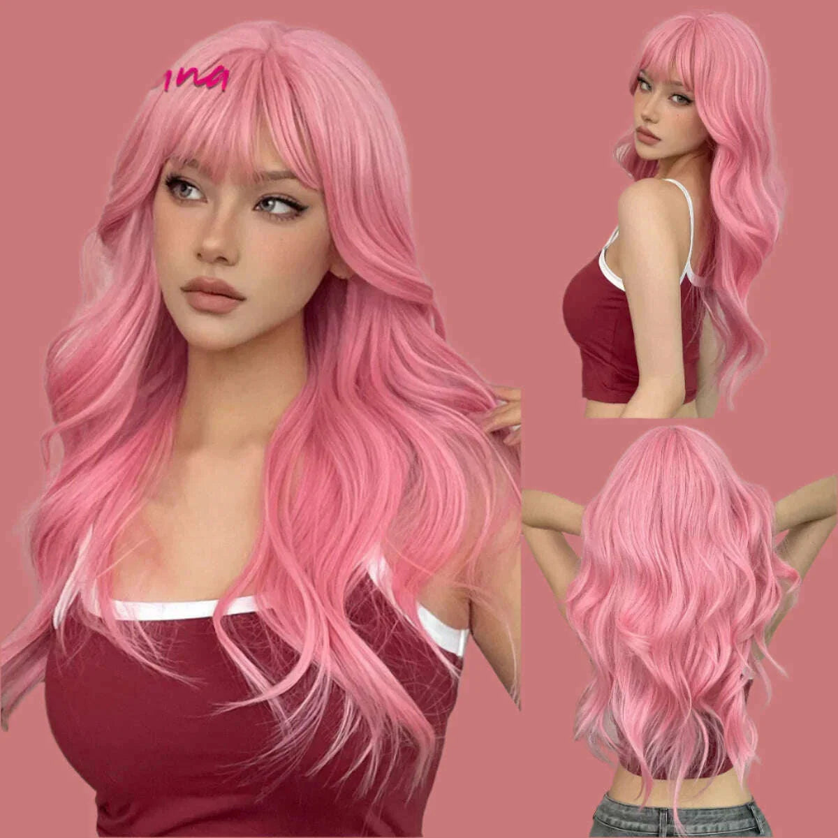 Long Straight Pink Mixed White Synthetic Wigs with Bangs Halloween Cosplay Colorful Wigs for Women Natural Hair Heat Resistant