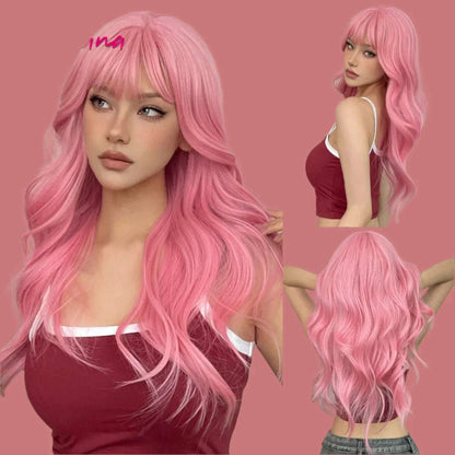 Long Straight Pink Mixed White Synthetic Wigs with Bangs Halloween Cosplay Colorful Wigs for Women Natural Hair Heat Resistant