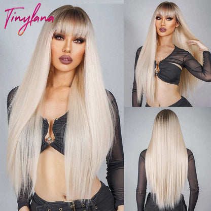 Long Straight Pink Mixed White Synthetic Wigs with Bangs Halloween Cosplay Colorful Wigs for Women Natural Hair Heat Resistant