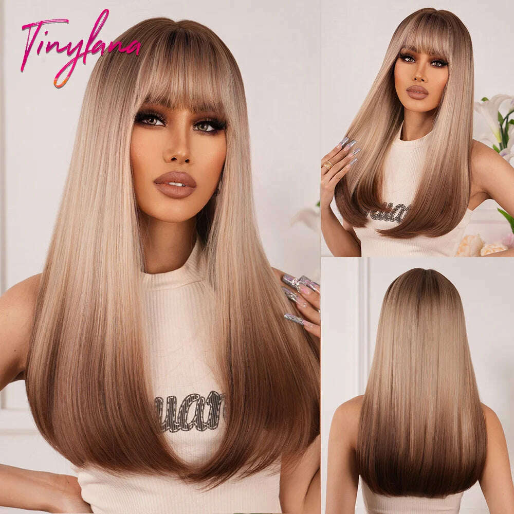 Long Straight Pink Mixed White Synthetic Wigs with Bangs Halloween Cosplay Colorful Wigs for Women Natural Hair Heat Resistant
