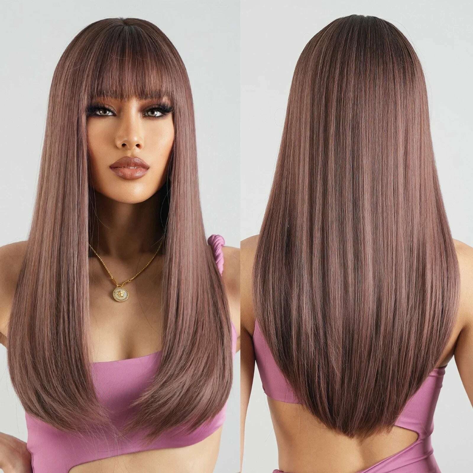 Long Straight Pink Mixed White Synthetic Wigs with Bangs Halloween Cosplay Colorful Wigs for Women Natural Hair Heat Resistant